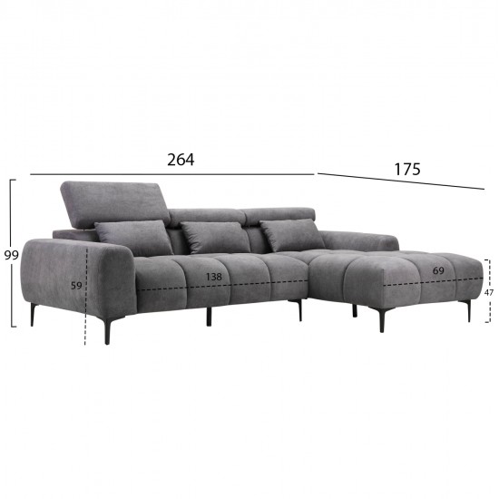 ΚΑΝΑΠΕΣ ΔΕΞΙΑ ΓΩΝΙΑ DIVYA HM3267.12R ΓΚΡΙ ΥΦΑΣΜΑ 260x100-174x104Υεκ.