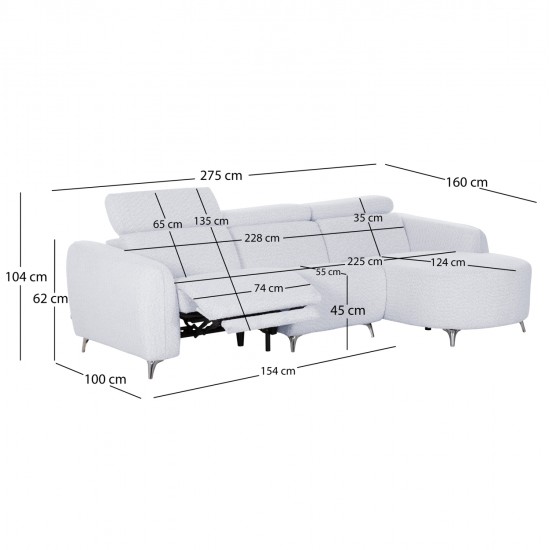 ΚΑΝΑΠΕΣ ΔΕΞΙΑ ΓΩΝΙΑ 3Θ ΜΕ RECLINE VALENTE HM3317.01R ΑΝΟΙΧΤΟ ΓΚΡΙ ΥΦΑΣΜΑ 275x160x104Yεκ