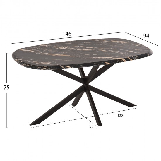 ΤΡΑΠΕΖΙ ΟΒΑΛ RODDEN HM11903.02 ΜΕ WERZALIT BLACK/GOLD MARBLE-ΜΑΥΡΗ ΒΑΣΗ 146x94x75Υεκ