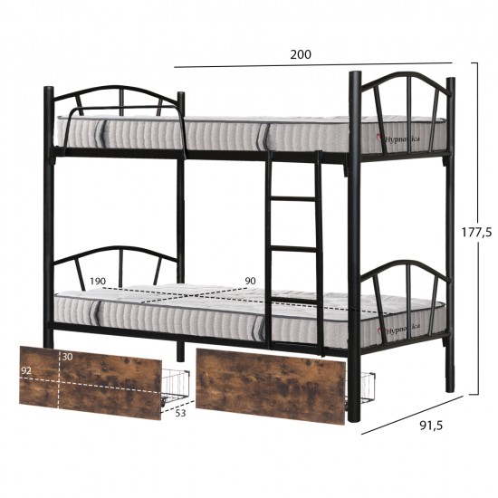 ΚΟΥΚΕΤΑ ΜΕ 2 ΣΥΡΤΑΡΙΑ ΚΑΦΕ & ΣΤΡΩΜΑΤΑ 90X190εκ FLOOR HM10749.03 ΜΕΤΑΛΛΟ ΜΑΥΡΟ